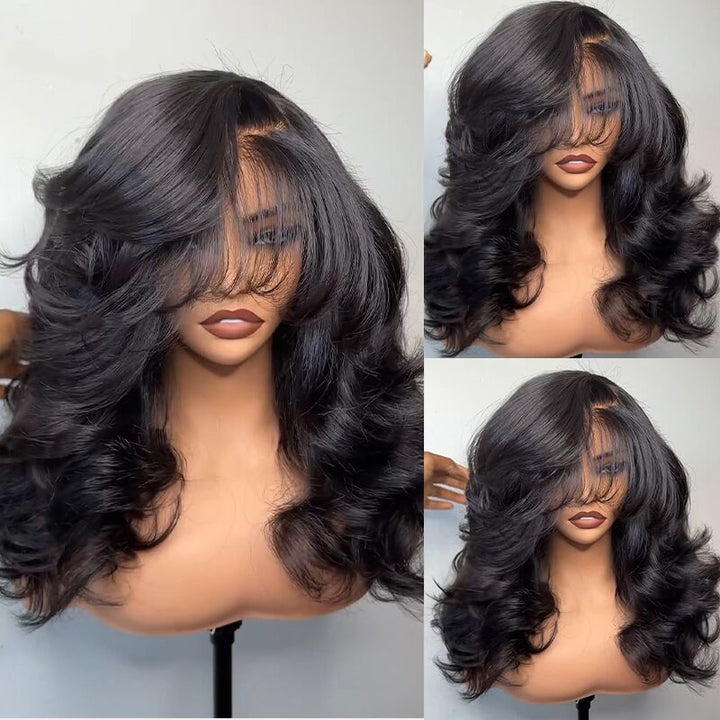 SZC Side Part Layer Cut Straight 13X4 Lace Front Human Hair Wigs With Bangs 250 300 Density