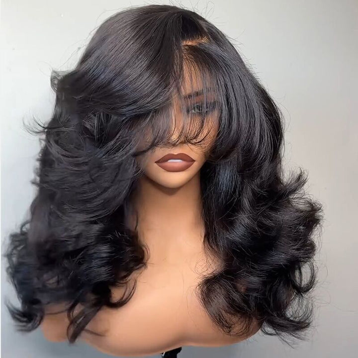 SZC Side Part Layer Cut Straight 13X4 Lace Front Human Hair Wigs With Bangs 250 300 Density