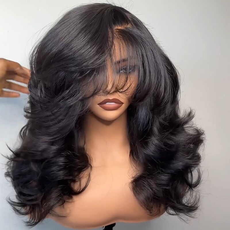 SZC Side Part Layer Cut Straight 13X4 Lace Front Human Hair Wigs With Bangs 250 300 Density
