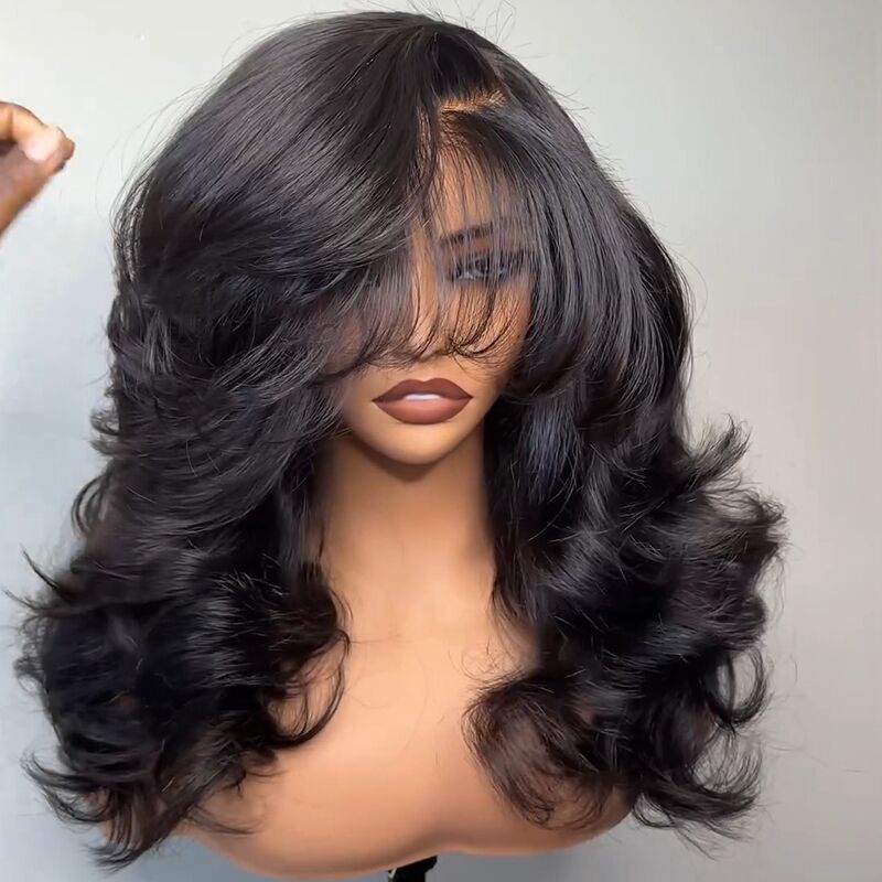 SZC Side Part Layer Cut Straight 13X4 Lace Front Human Hair Wigs With Bangs 250 300 Density