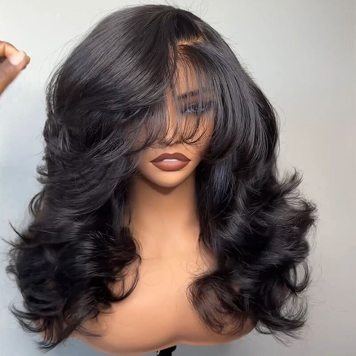SZC Side Part Layer Cut Straight 13X4 Lace Front Human Hair Wigs With Bangs 250 300 Density