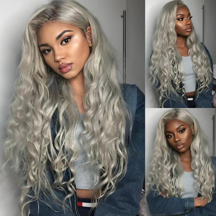 SZC Silver Ash Gray 13x4 HD Lace Front Virgin Human Hair Wigs 200 Density