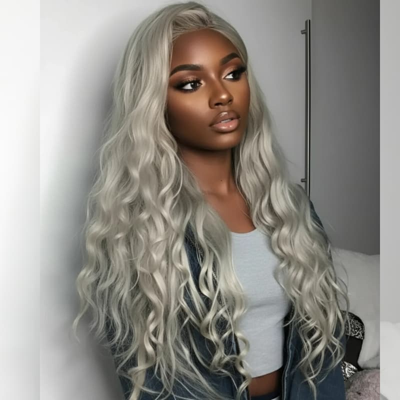 SZC Silver Ash Gray 13x4 HD Lace Front Virgin Human Hair Wigs 200 Density