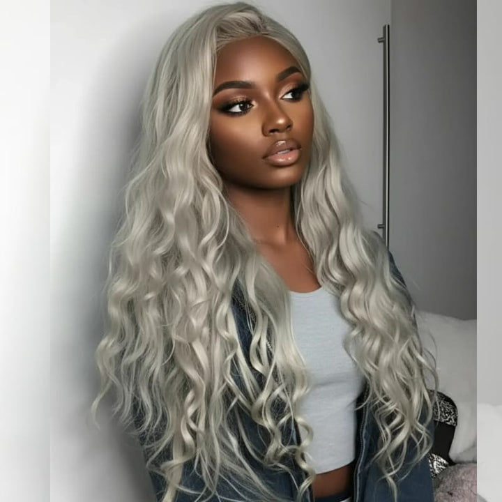 SZC Silver Ash Gray 13x4 HD Lace Front Virgin Human Hair Wigs 200 Density