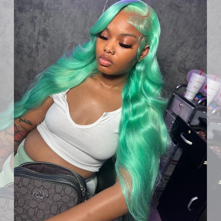 SZC Silver Gray Pastel Green 13x4 Lace Front Virgin Human Hair Wigs 200 Density