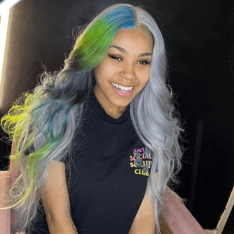 SZC Split Dye Half Gray Half Ombre Blue Green Multi Color Human Hair Wigs