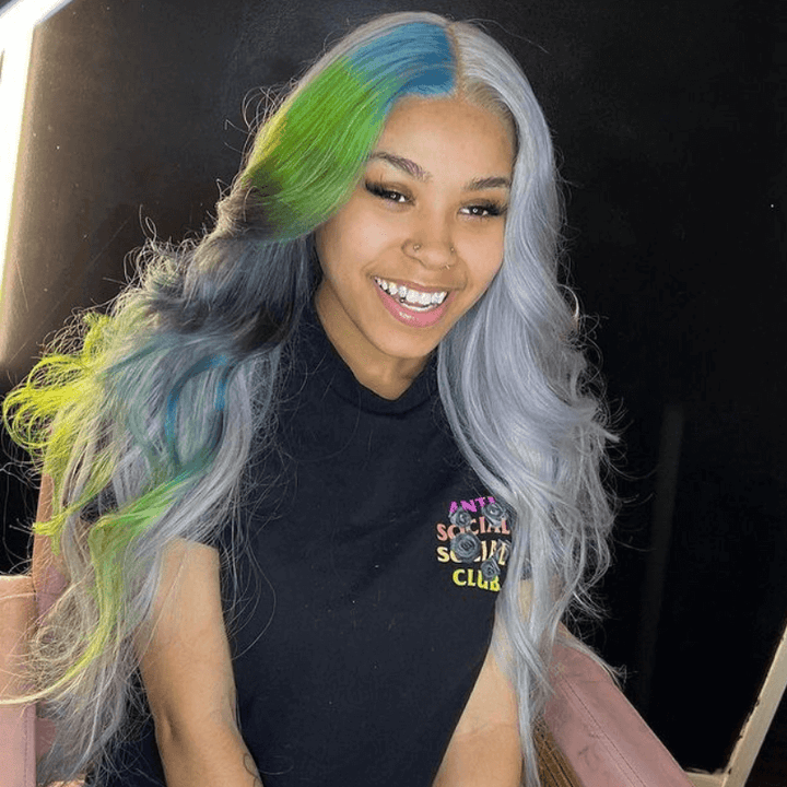 SZC Split Dye Half Gray Half Ombre Blue Green Multi Color Human Hair Wigs