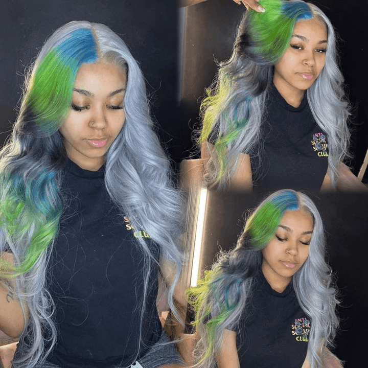 SZC Split Dye Half Gray Half Ombre Blue Green Multi Color Human Hair Wigs