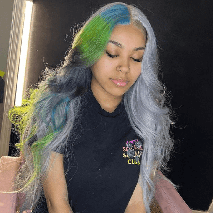 SZC Split Dye Half Gray Half Ombre Blue Green Multi Color Human Hair Wigs