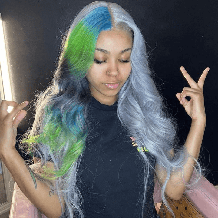 SZC Split Dye Half Gray Half Ombre Blue Green Multi Color Human Hair Wigs
