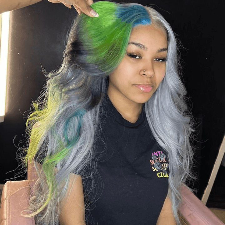 SZC Split Dye Half Gray Half Ombre Blue Green Multi Color Human Hair Wigs