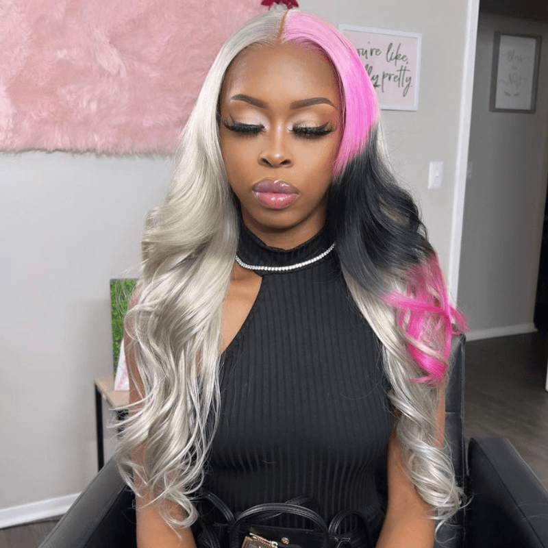 SZC Split Dye Half Gray Half Ombre Pink Red Black Lace Front Hair Wigs