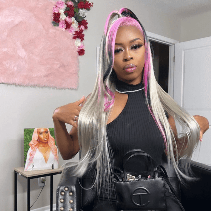SZC Split Dye Half Gray Half Ombre Pink Red Black Lace Front Hair Wigs