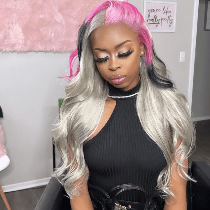 SZC Split Dye Half Gray Half Ombre Pink Red Black Lace Front Hair Wigs