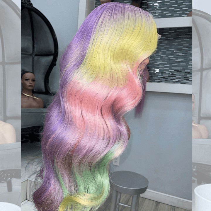 SZC Split Dye Purple Pink Yellow Green Multi Color Virgin Human Hair Wigs