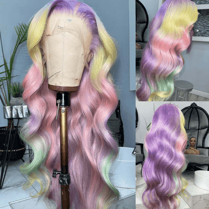 SZC Split Dye Purple Pink Yellow Green Multi Color Virgin Human Hair Wigs
