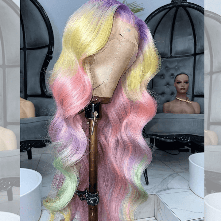 SZC Split Dye Purple Pink Yellow Green Multi Color Virgin Human Hair Wigs