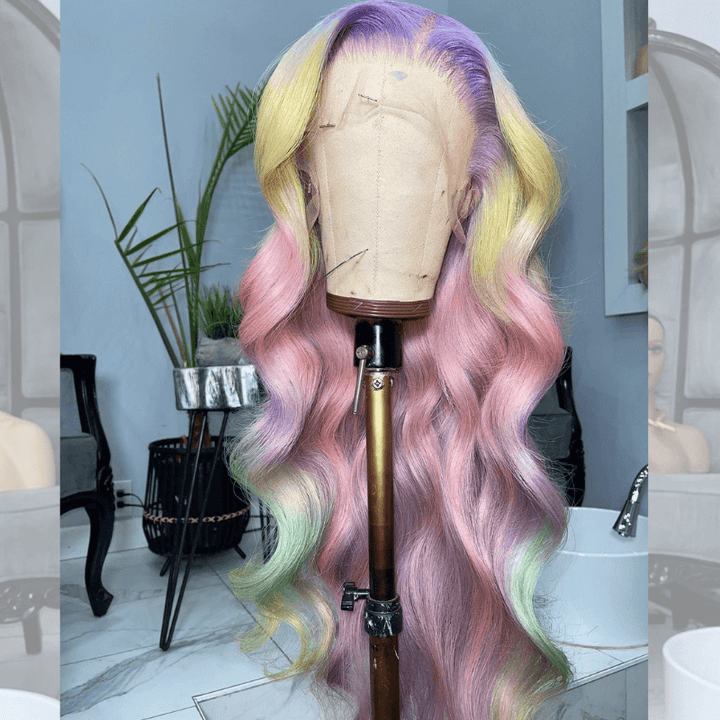 SZC Split Dye Purple Pink Yellow Green Multi Color Virgin Human Hair Wigs