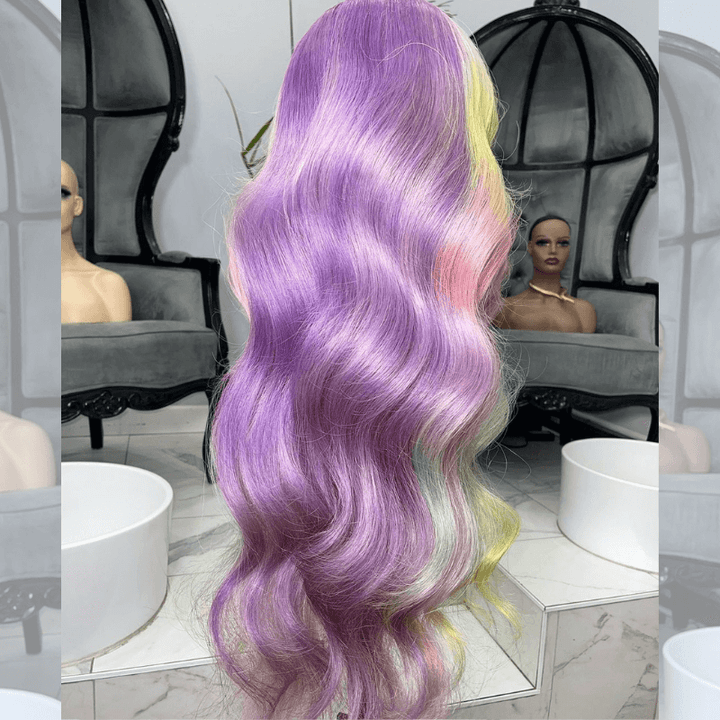 SZC Split Dye Purple Pink Yellow Green Multi Color Virgin Human Hair Wigs