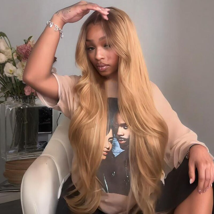 SZC Strawberry Honey Blonde With Dark Roots 13x4 Lace Front Virgin Human Hair Wigs 200 Density