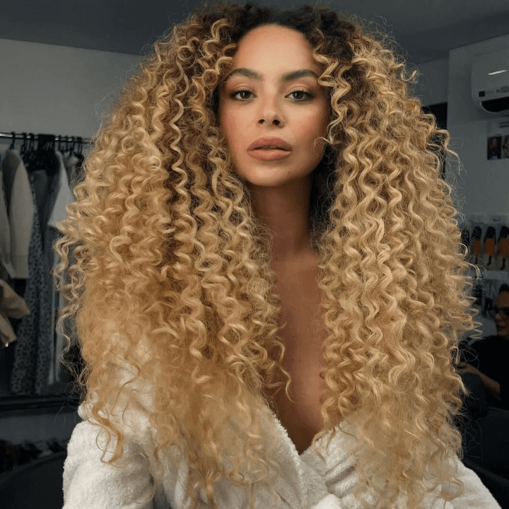 SZC Strawberry Honey Blonde With Dark Roots Bohemian Spring Loose Curl Human Hair Wigs