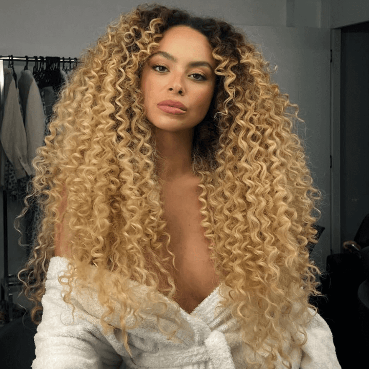 SZC Strawberry Honey Blonde With Dark Roots Bohemian Spring Loose Curl Human Hair Wigs