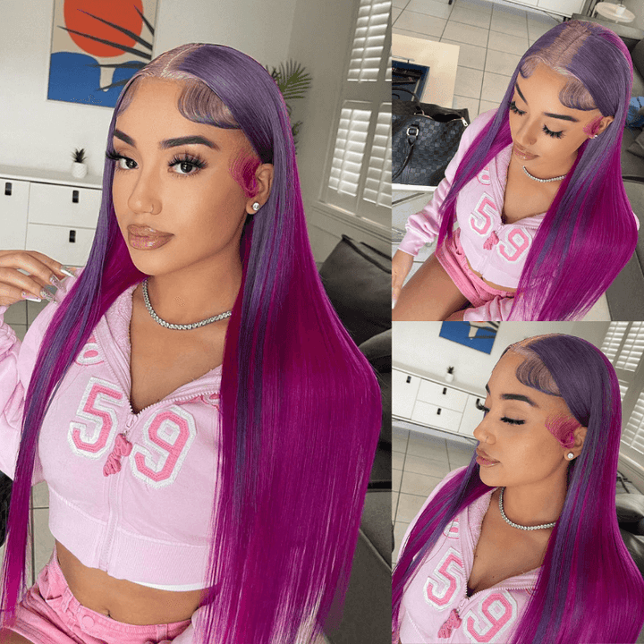SZC Violet Light Burgundy Purple Lace Front Human Hair Wig 200 Density