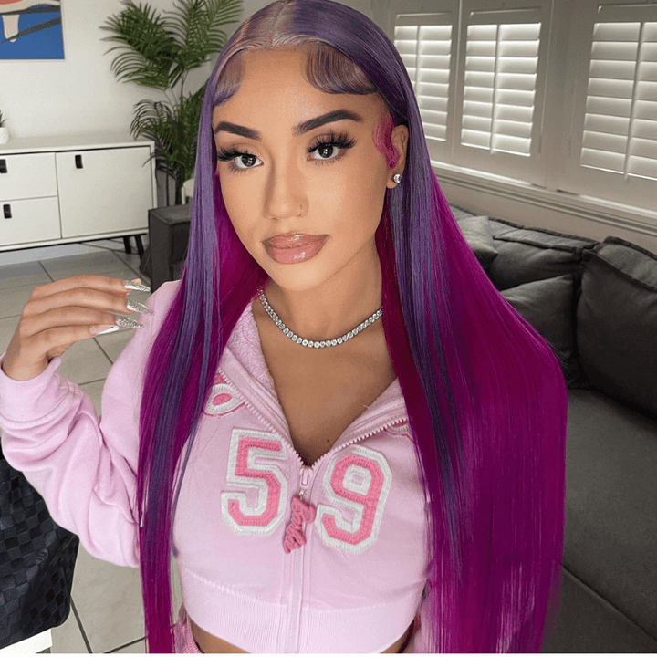 SZC Violet Light Burgundy Purple Lace Front Human Hair Wig 200 Density