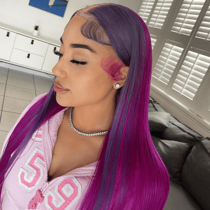 SZC Violet Light Burgundy Purple Lace Front Human Hair Wig 200 Density