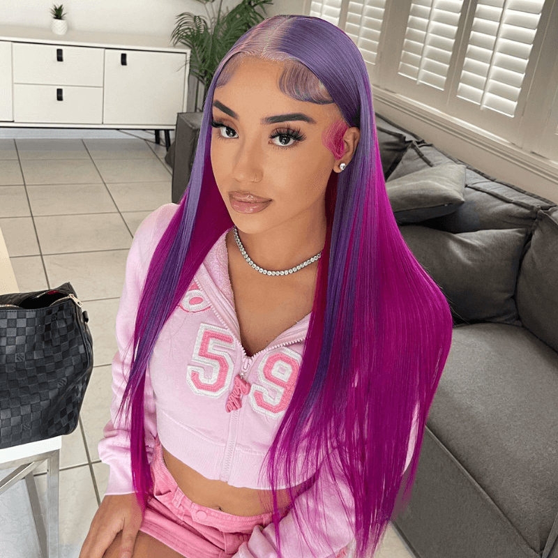 SZC Violet Light Burgundy Purple Lace Front Human Hair Wig 200 Density