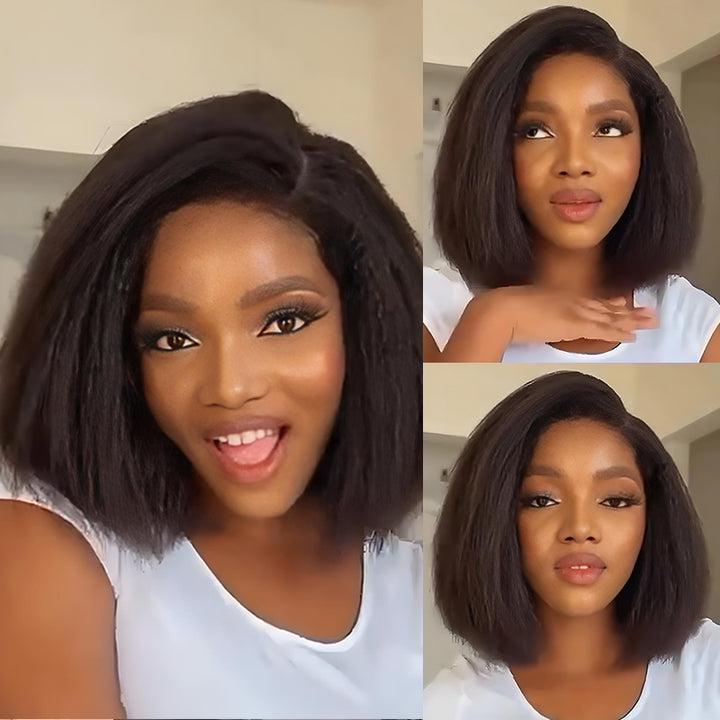 SZC Yaki Short Bob Wig Kinky Straight 13x4 Lace Front Virgin Human Hair Wigs