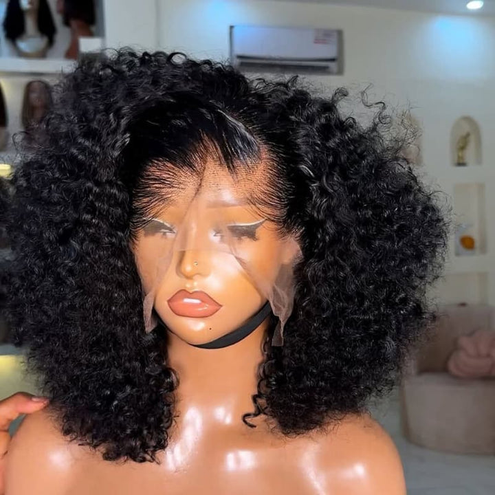SZC Short Bob Fluffy Cute Kinky Curly 13x4 Lace Front Virgin Human Hair Wigs