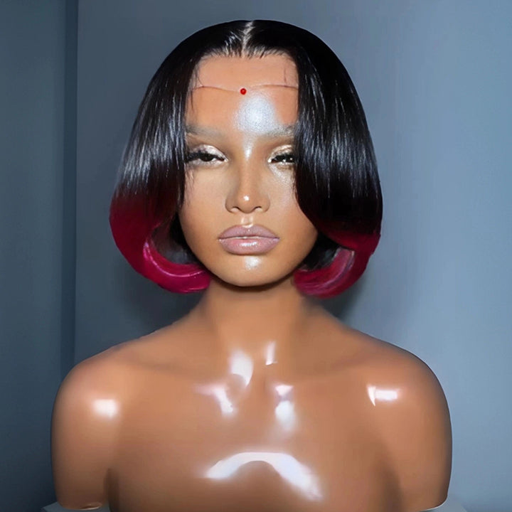 SZC Short Bob Pixie Cut Ombre Black 99J Red Straight 13x4 Lace Front Virgin Human Hair Wigs