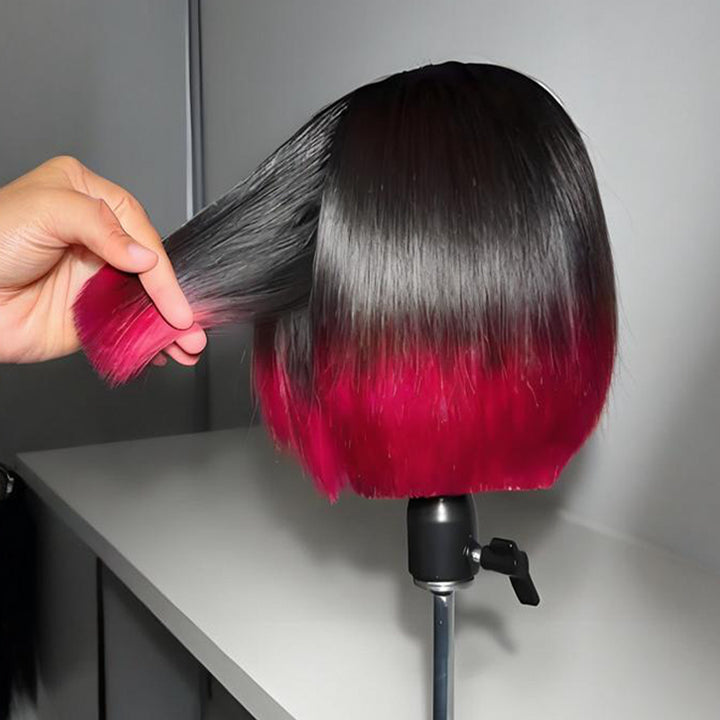 SZC Short Bob Pixie Cut Ombre Black 99J Red Straight 13x4 Lace Front Virgin Human Hair Wigs