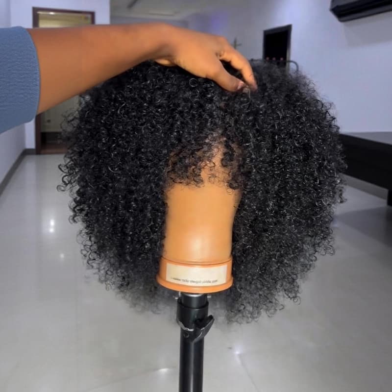 SZC Short Fluffy Afro Kinky Curly With Bangs 14 16inch Bob Wig 13x4 Lace Front Human Hair Wigs