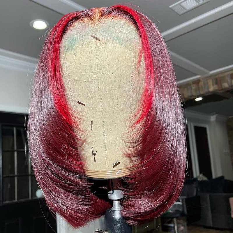 SZC Short Medium Layered Cut Burgundy Red Skunk Stripe Bob 13x4 Lace Front Human Hair Wig