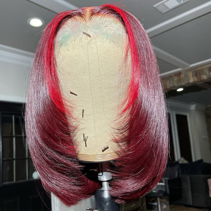 SZC Short Medium Layered Cut Burgundy Red Skunk Stripe Bob 13x4 Lace Front Human Hair Wig