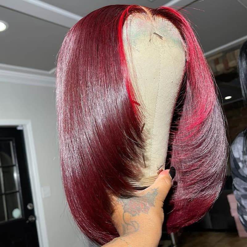 SZC Short Medium Layered Cut Burgundy Red Skunk Stripe Bob 13x4 Lace Front Human Hair Wig