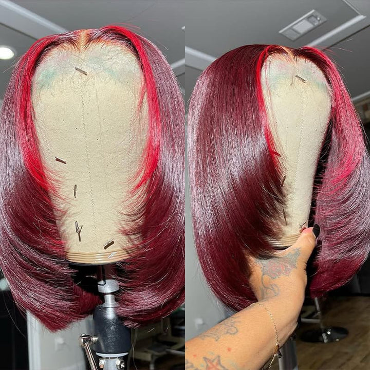 SZC Short Medium Layered Cut Burgundy Red Skunk Stripe Bob 13x4 Lace Front Human Hair Wig