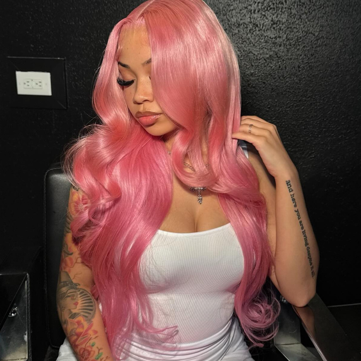 SZC Soft Pastel Pink 13x4 Lace Front Virgin Remy Human Hair Wigs 200 Density