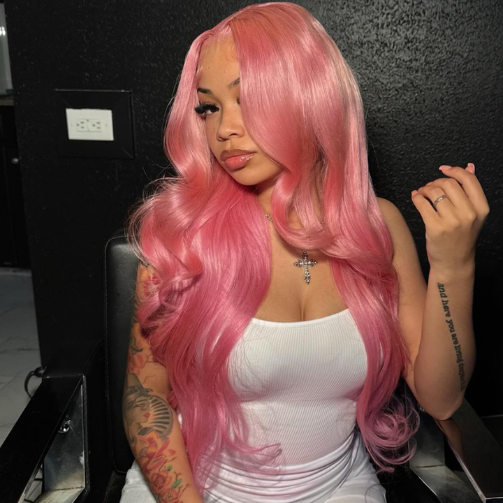 SZC Soft Pastel Pink 13x4 Lace Front Virgin Remy Human Hair Wigs 200 Density