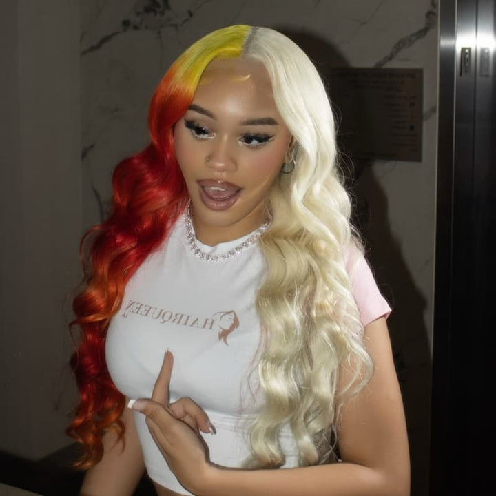 SZC Split Dye Half Blonde Half Ombre Yellow Hot Red13x4 Lace Front Virgin Human Hair Wig