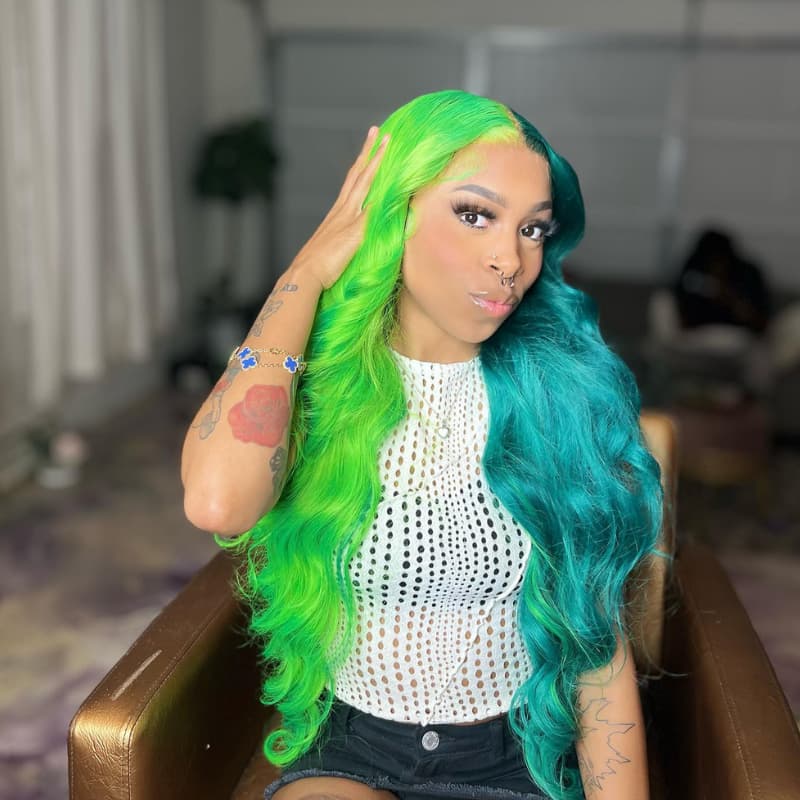 SZC Split Dye Half Green Half Blue Luxury Summer Beach Vacations 13x4 Lace Front Human Hair Wig