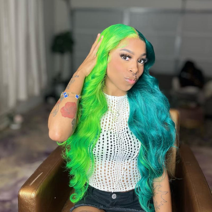 SZC Split Dye Half Green Half Blue Luxury Summer Beach Vacations 13x4 Lace Front Human Hair Wig