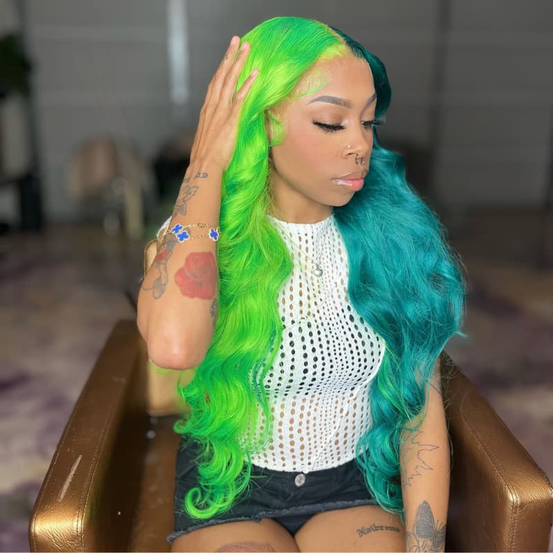 SZC Split Dye Half Green Half Blue Luxury Summer Beach Vacations 13x4 Lace Front Human Hair Wig