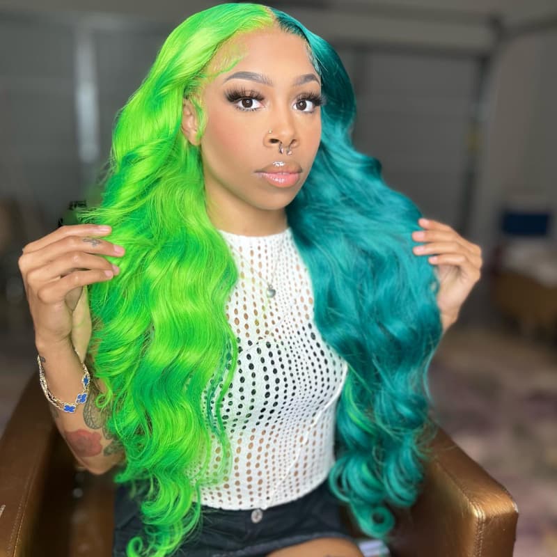 SZC Split Dye Half Green Half Blue Luxury Summer Beach Vacations 13x4 Lace Front Human Hair Wig