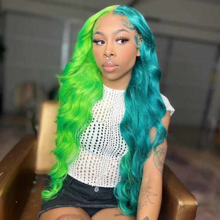SZC Split Dye Half Green Half Blue Luxury Summer Beach Vacations 13x4 Lace Front Human Hair Wig
