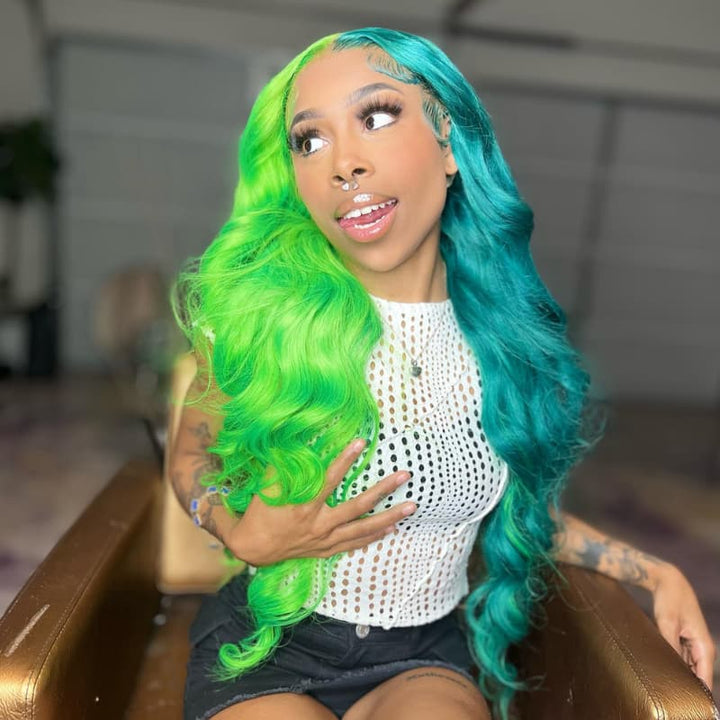SZC Split Dye Half Green Half Blue Luxury Summer Beach Vacations 13x4 Lace Front Human Hair Wig