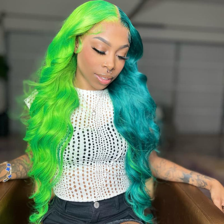 SZC Split Dye Half Green Half Blue Luxury Summer Beach Vacations 13x4 Lace Front Human Hair Wig