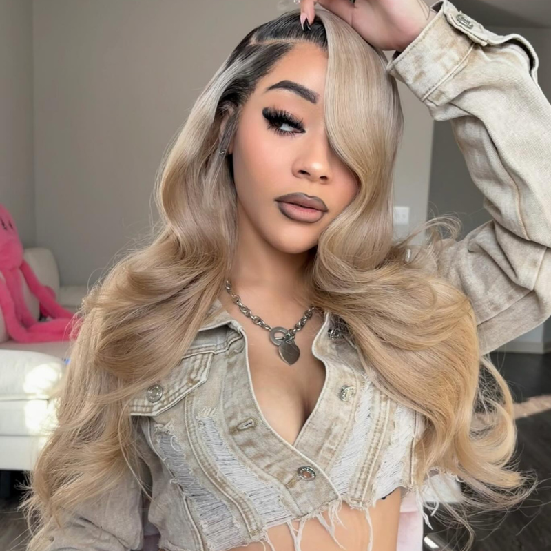 SZC Strawberry Ash Blonde With Dark Roots 13x4 Lace Front Remy Human Hair Wigs